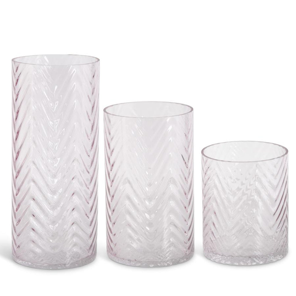 Medium Transparent Pink Chevron Embossed Glass Vase — alternate view 2
