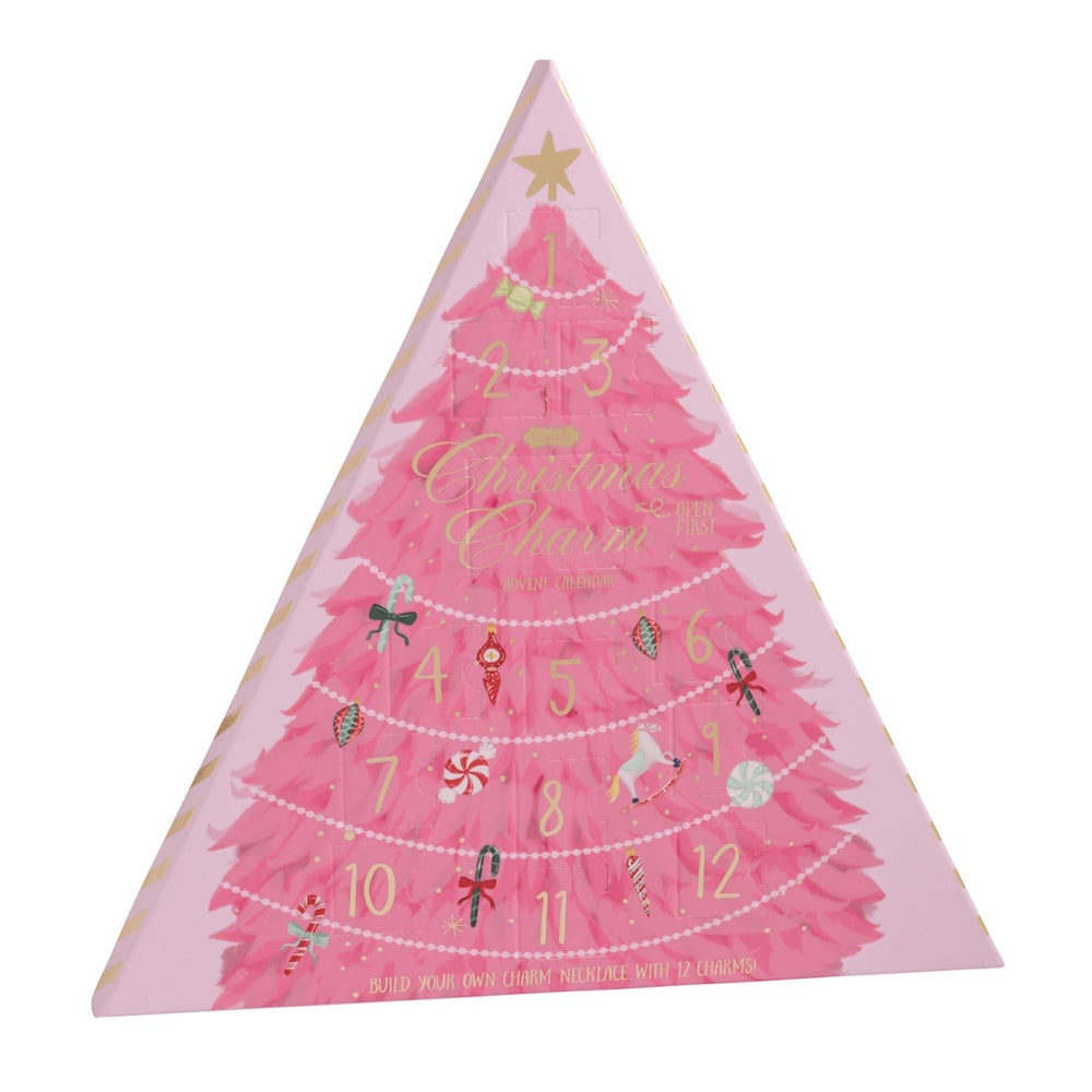 Pink triangular Advent calendar featuring a pink Christmas tree with numbered doors.