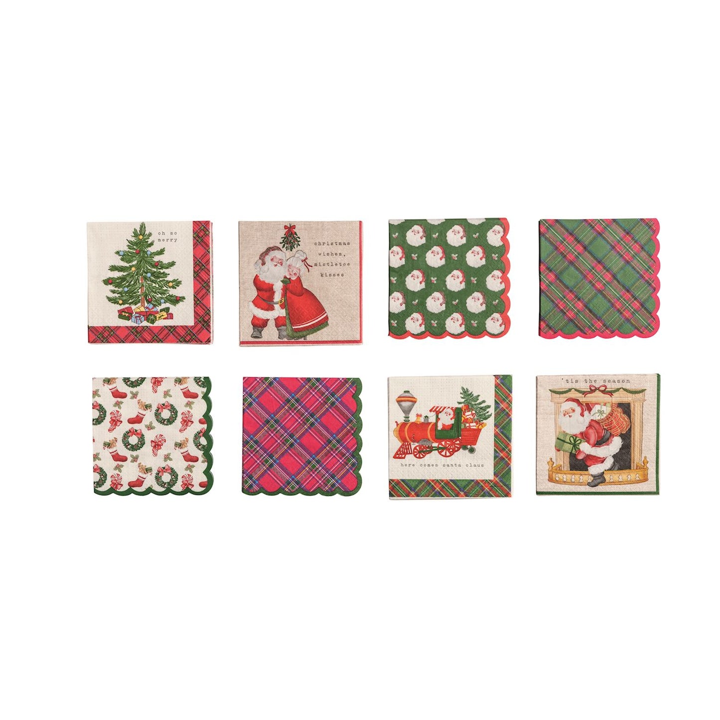 Set of eight vintage Christmas cocktail napkins with holiday illustrations and plaid patterns.