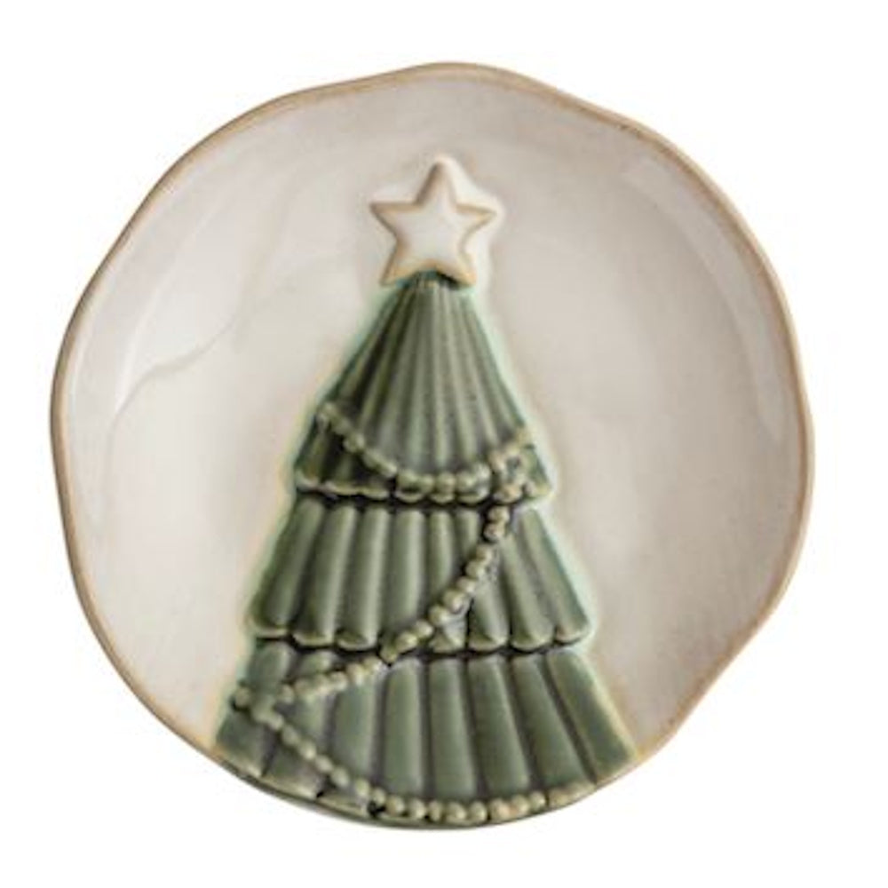Small white ceramic tidbit plate featuring an embossed green Christmas tree topped with a star.
