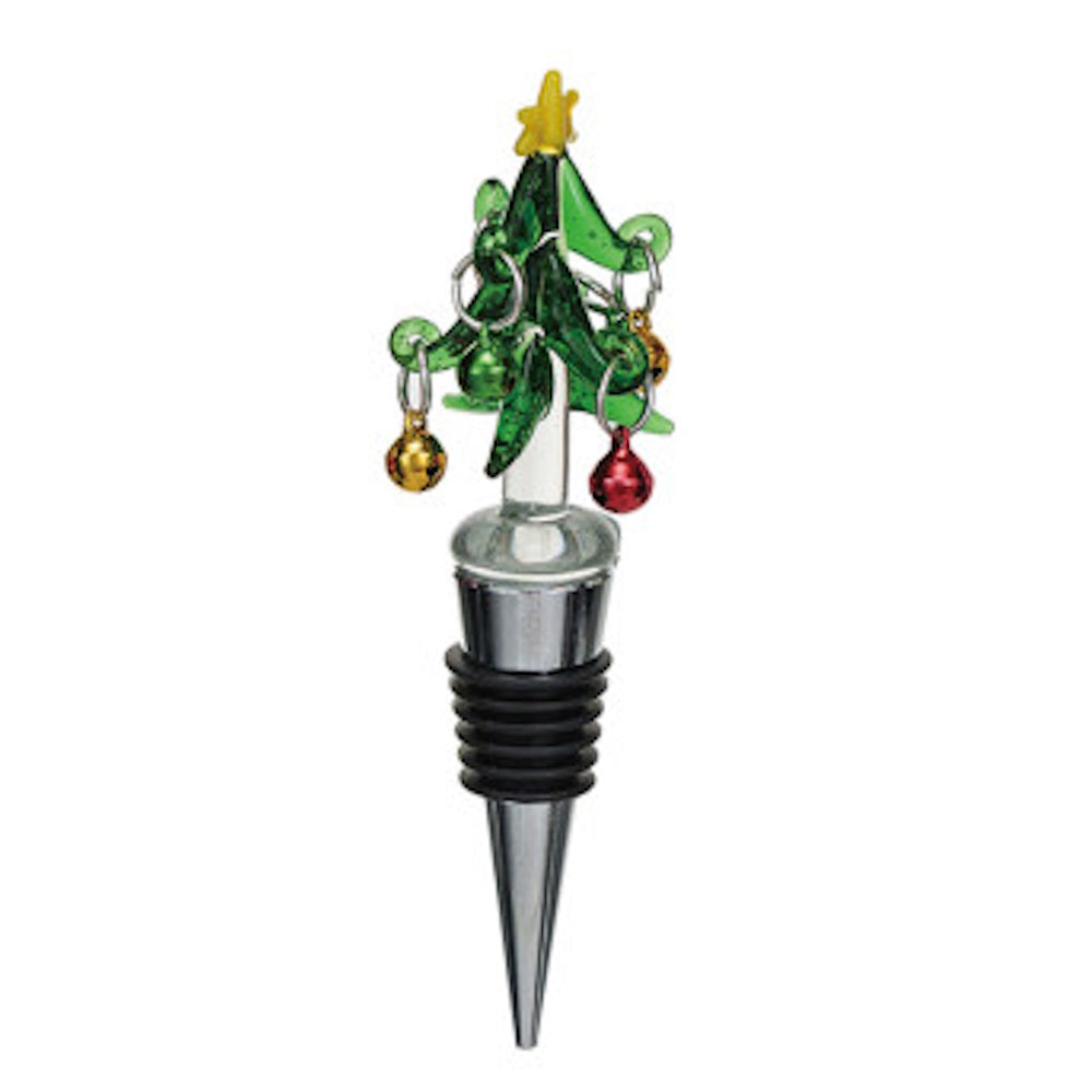 Christmas tree bottle stopper adorned with small dangling ornaments and a yellow star topper, featuring a ribbed metal and rubber base.