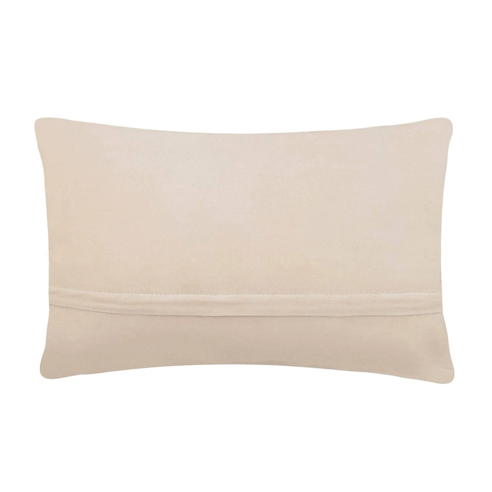 Back view of a solid beige, rectangular throw pillow featuring a horizontal fabric seam.