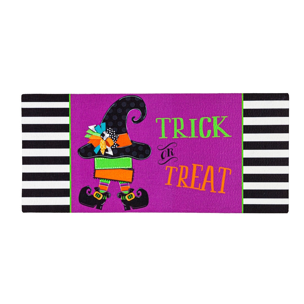 Purple doormat insert featuring a witch hat, shoes, black-and-white stripes, and "TRICK OR TREAT".
