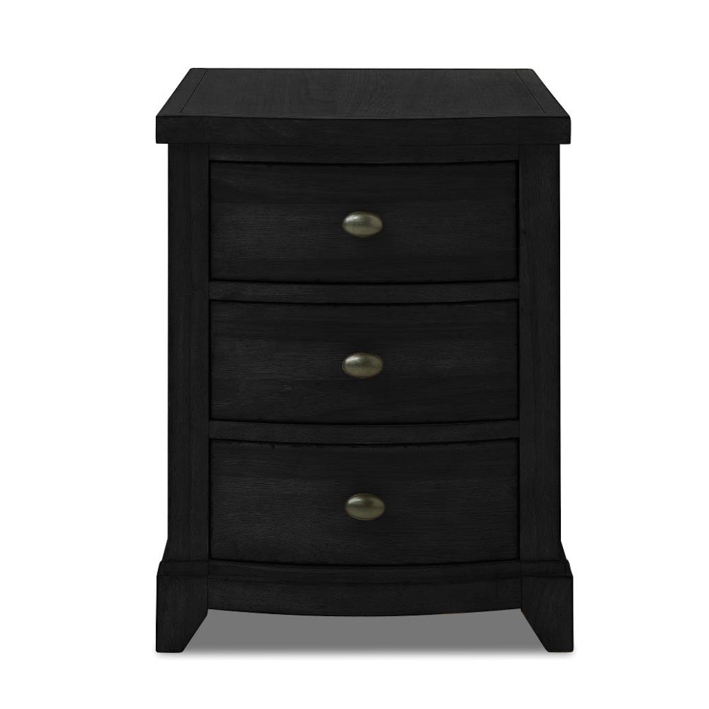 A front view of the image trisha-yearwood-chairside-chest-front.jpg shows a black wooden three-drawer nightstand with oval knobs.