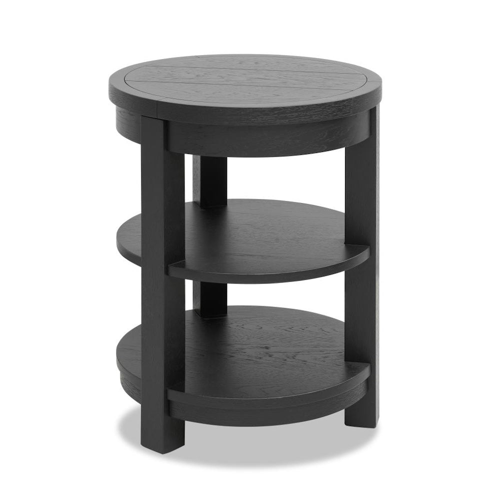 Round black wood chairside table with three circular shelves and a minimalist, modern tiered design for home decor.