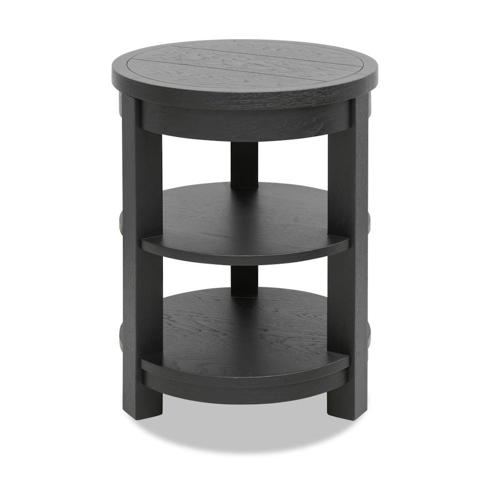 Black wood round chairside table with three tiers and open shelving, featuring a rustic finish and modern design.