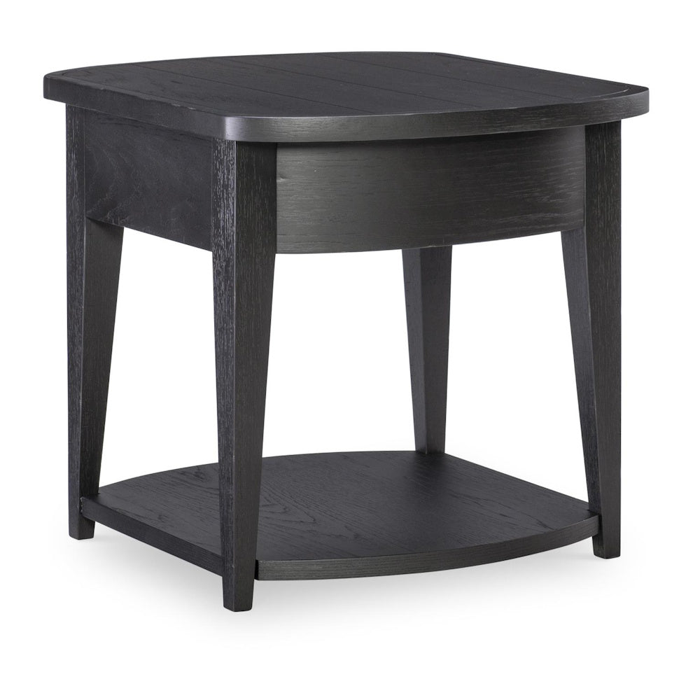 Modern dark wood end table with a curved top, tapered legs, and a lower storage shelf against a white background.