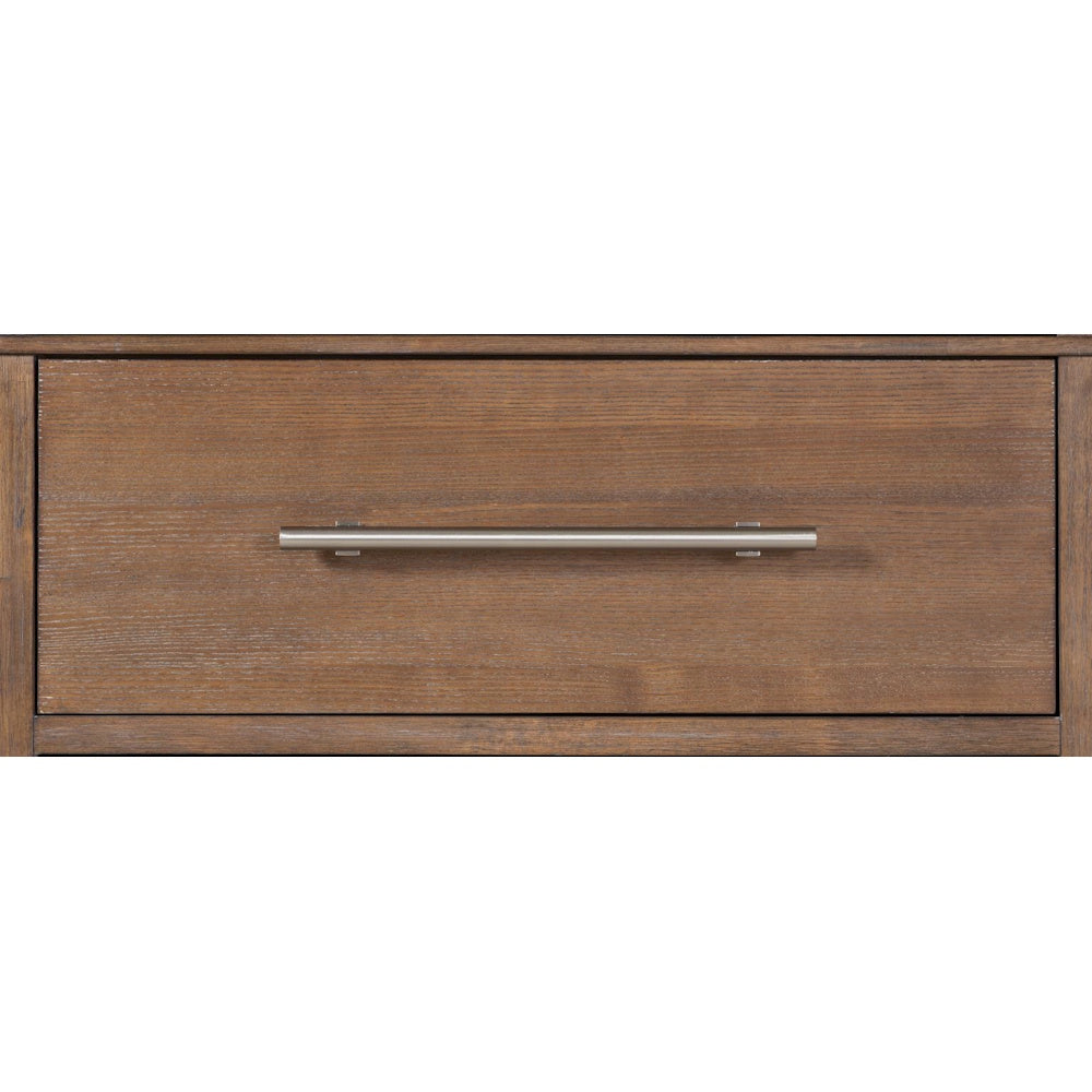 Modern wood dresser drawer with sleek brushed metal handle.
