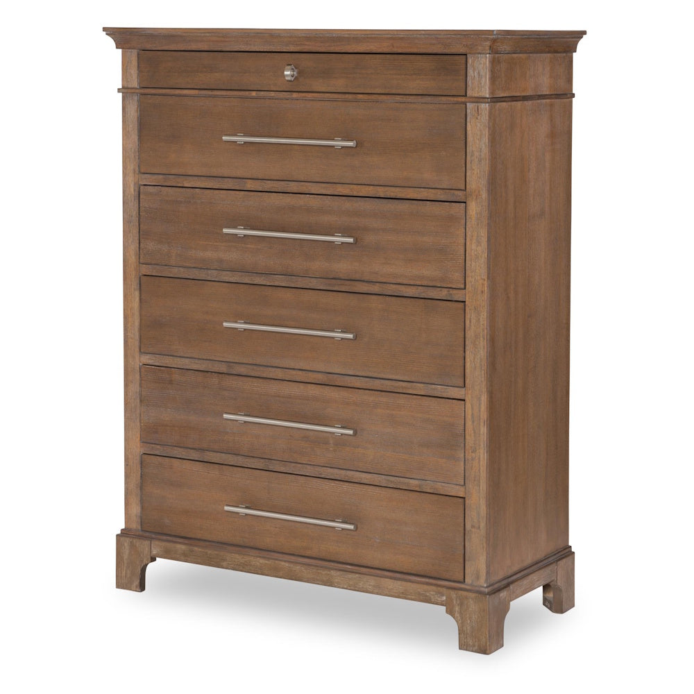 Modern 5-drawer wood chest with silver handles for bedroom storage.
