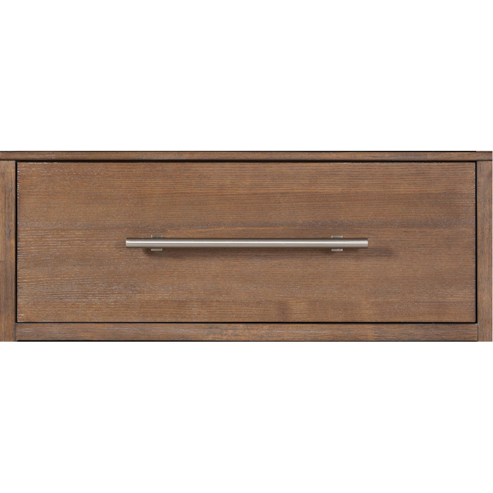 Wooden drawer front with visible grain, framed border, and a long horizontal brushed metal bar pull.