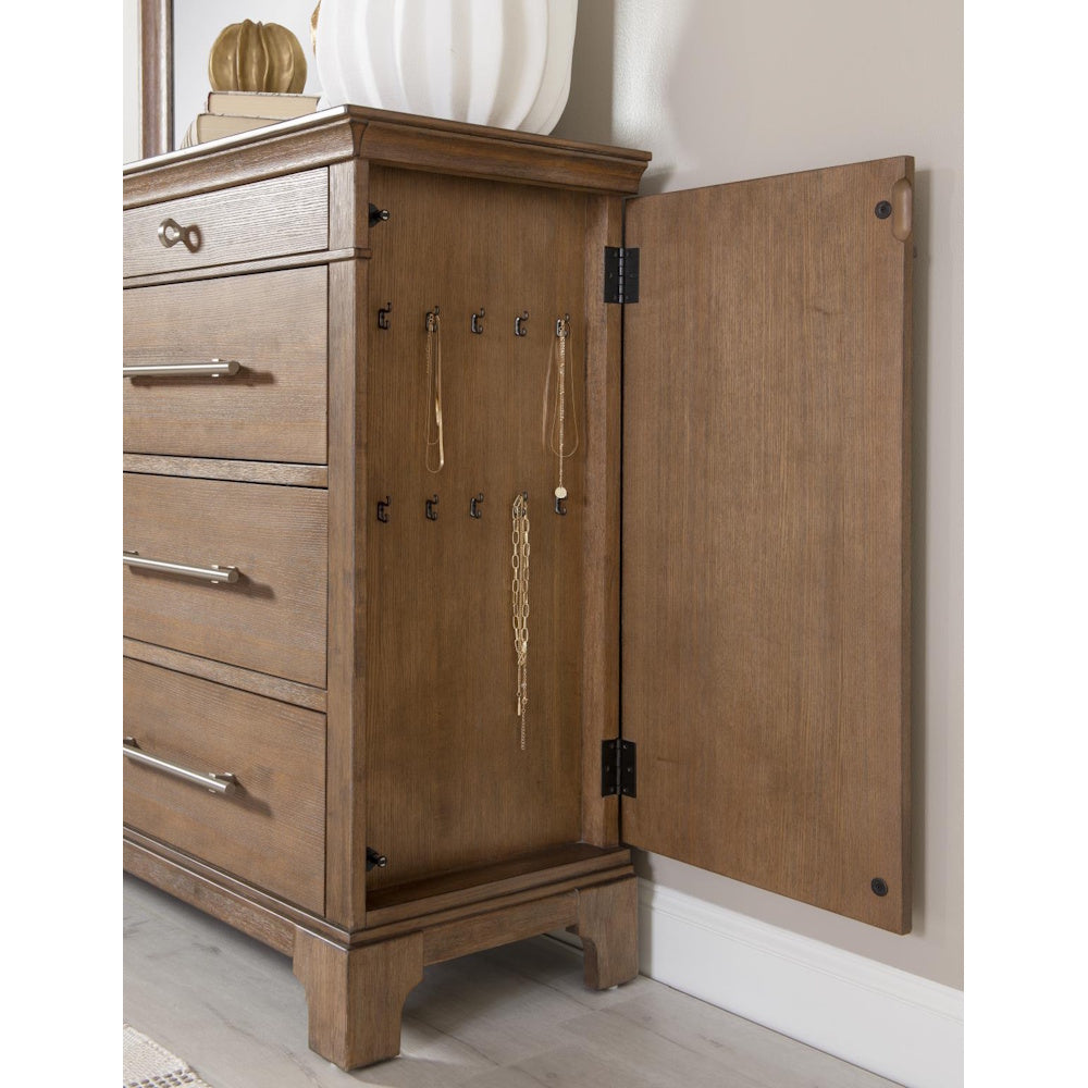 Wooden dresser featuring an open side compartment with hooks for hanging jewelry and necklaces.
