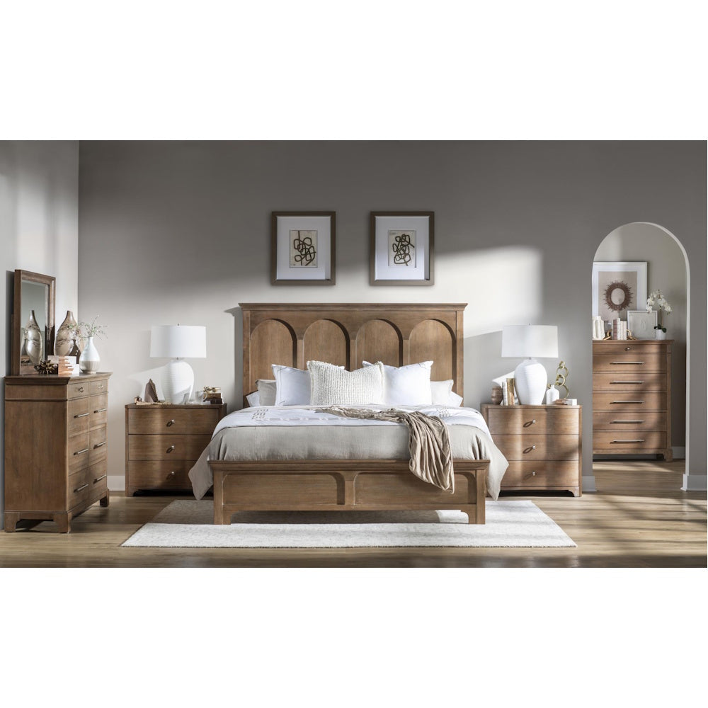 Modern wooden bedroom set featuring an arched-panel bed, matching nightstands, and dressers.