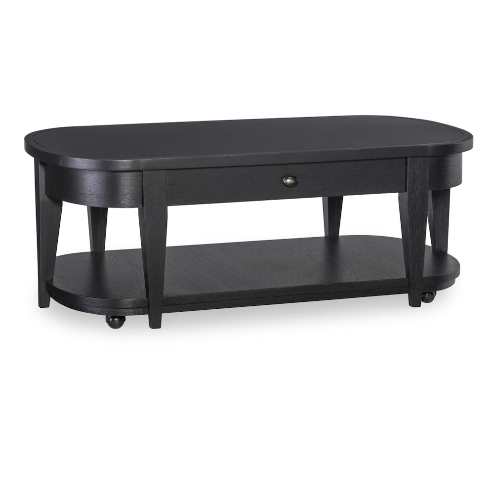 Oval dark wood coffee table with a central drawer, open bottom shelf, and small wheels.