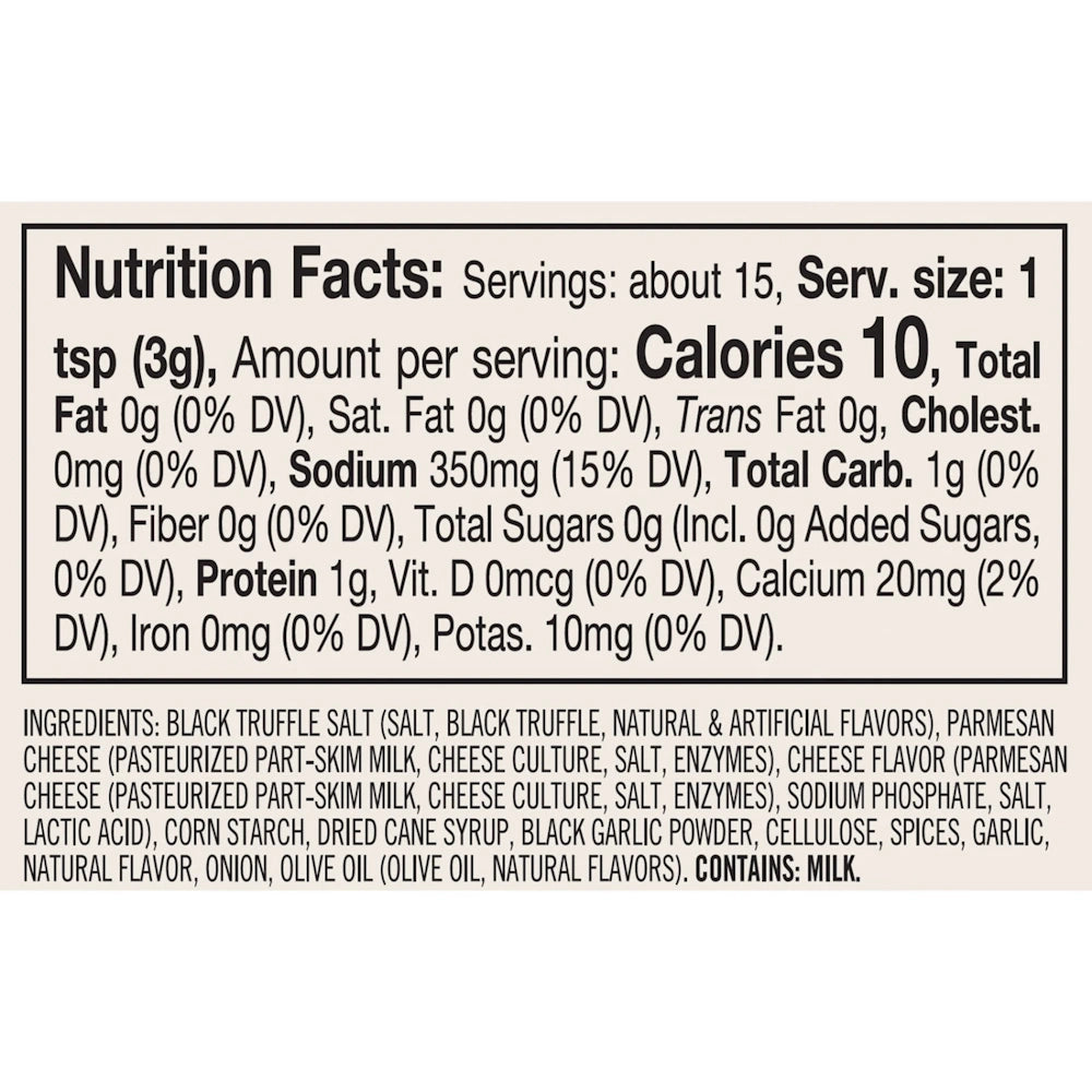 Nutrition Facts panel and ingredients list for Truffle Parmesan + Black Garlic Seasoning.