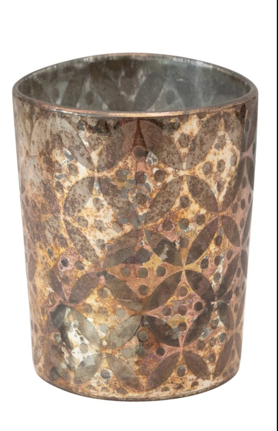 Etched Glass Votive Holder with Pattern, Oxidized Copper Finish