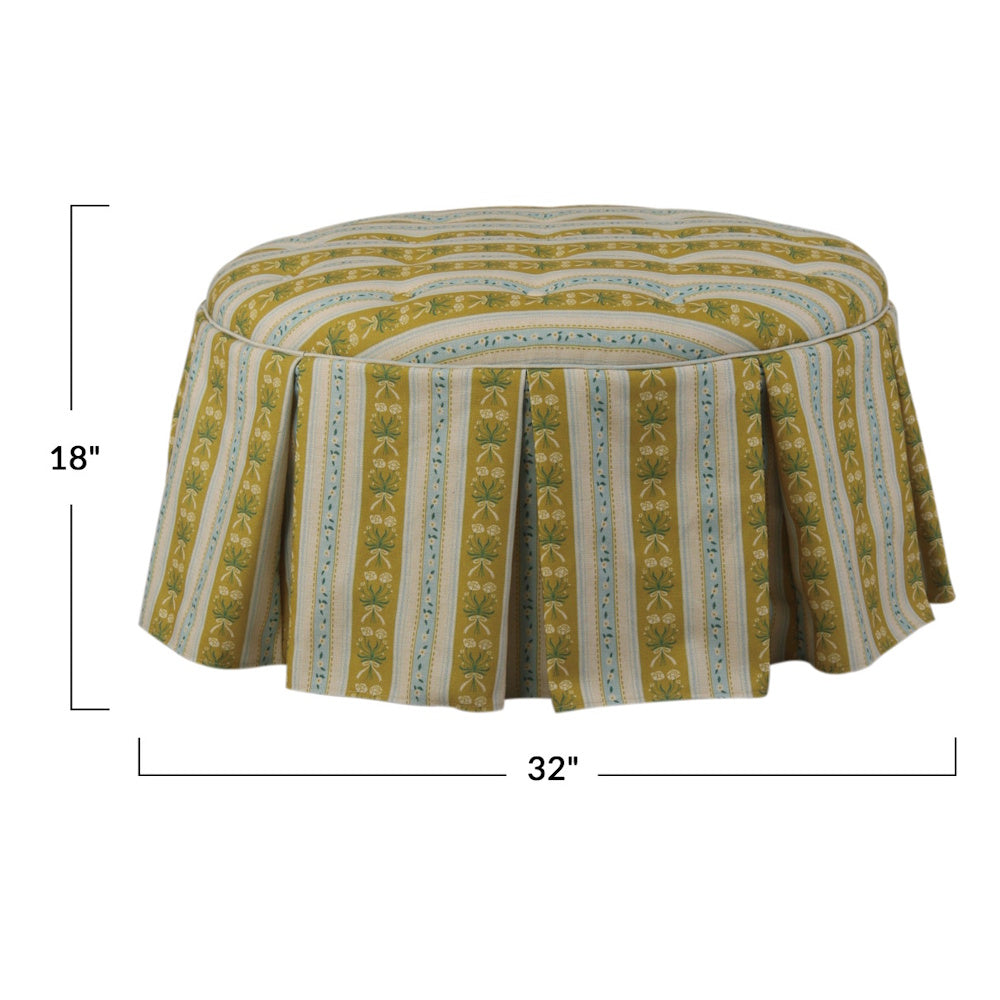 Tufted fabric upholstered box pleat skirted ottoman dimensions diagram, 32" width by 18" height.