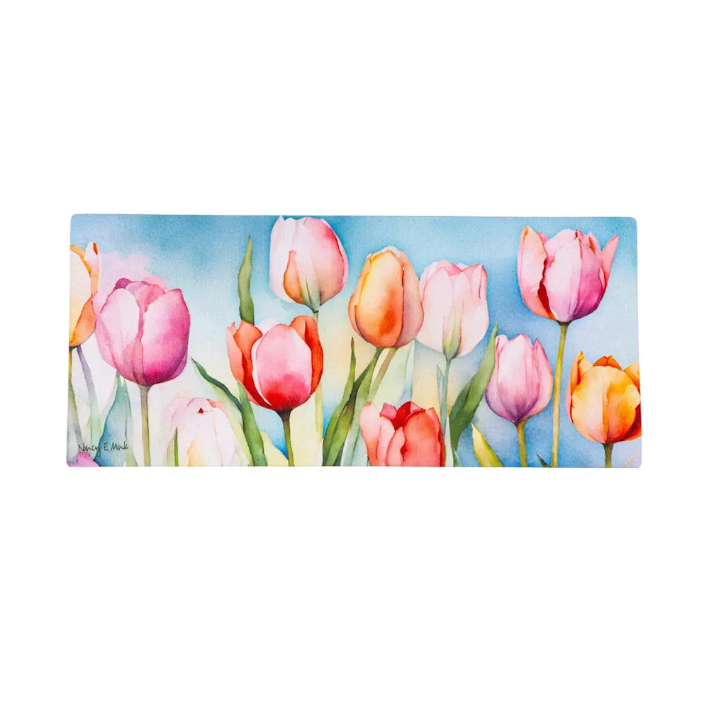 Watercolor pink and orange tulip field design on a decorative Sassafras switch mat insert.