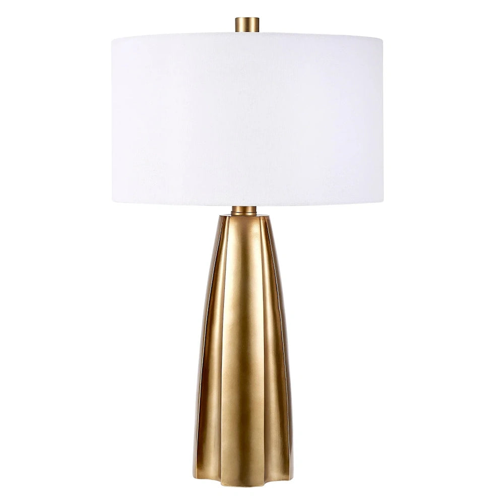 Modern gold table lamp with a fluted metallic base and a white drum fabric shade for contemporary home decor.