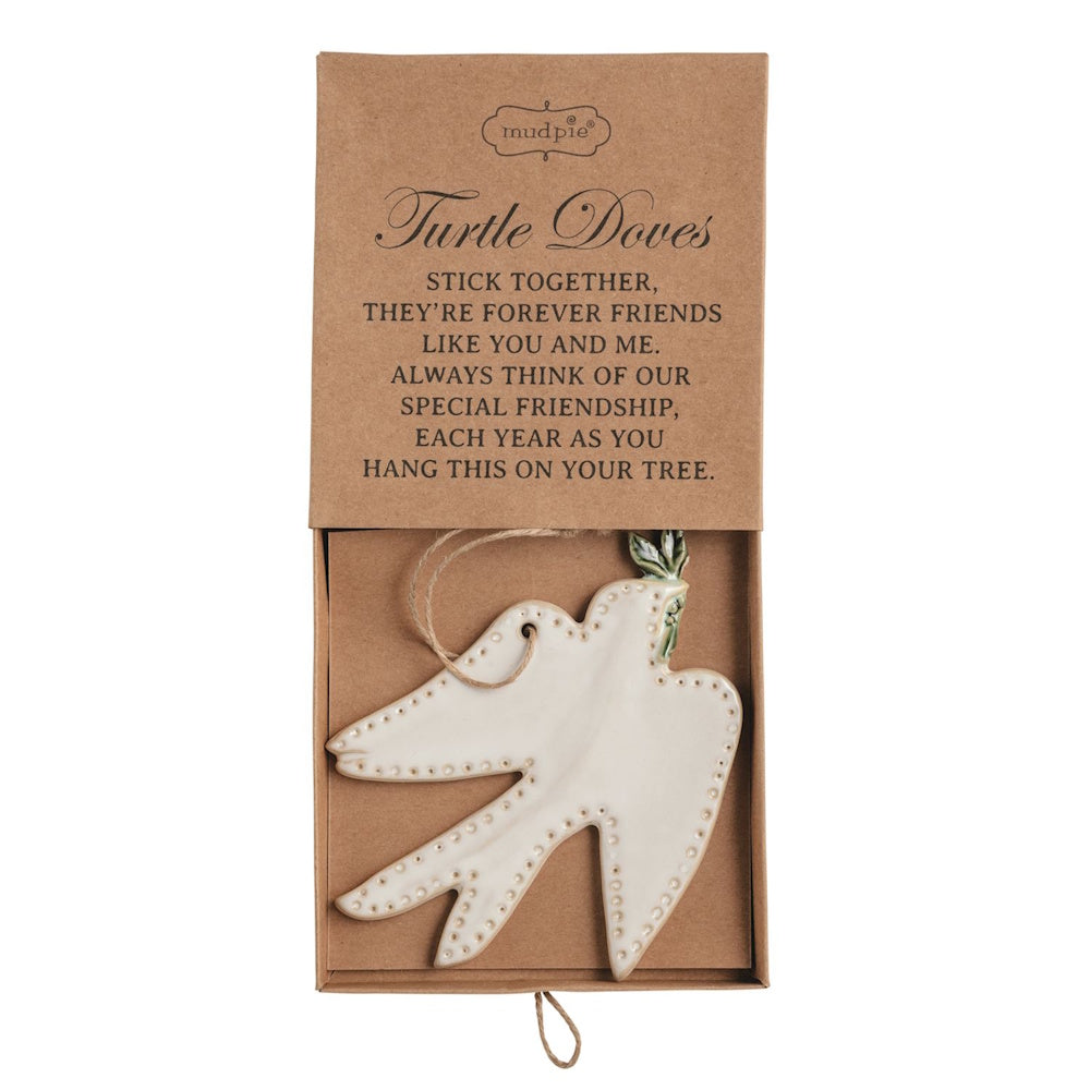 Ceramic turtle dove ornament with twine loop in a kraft gift box featuring a friendship poem.