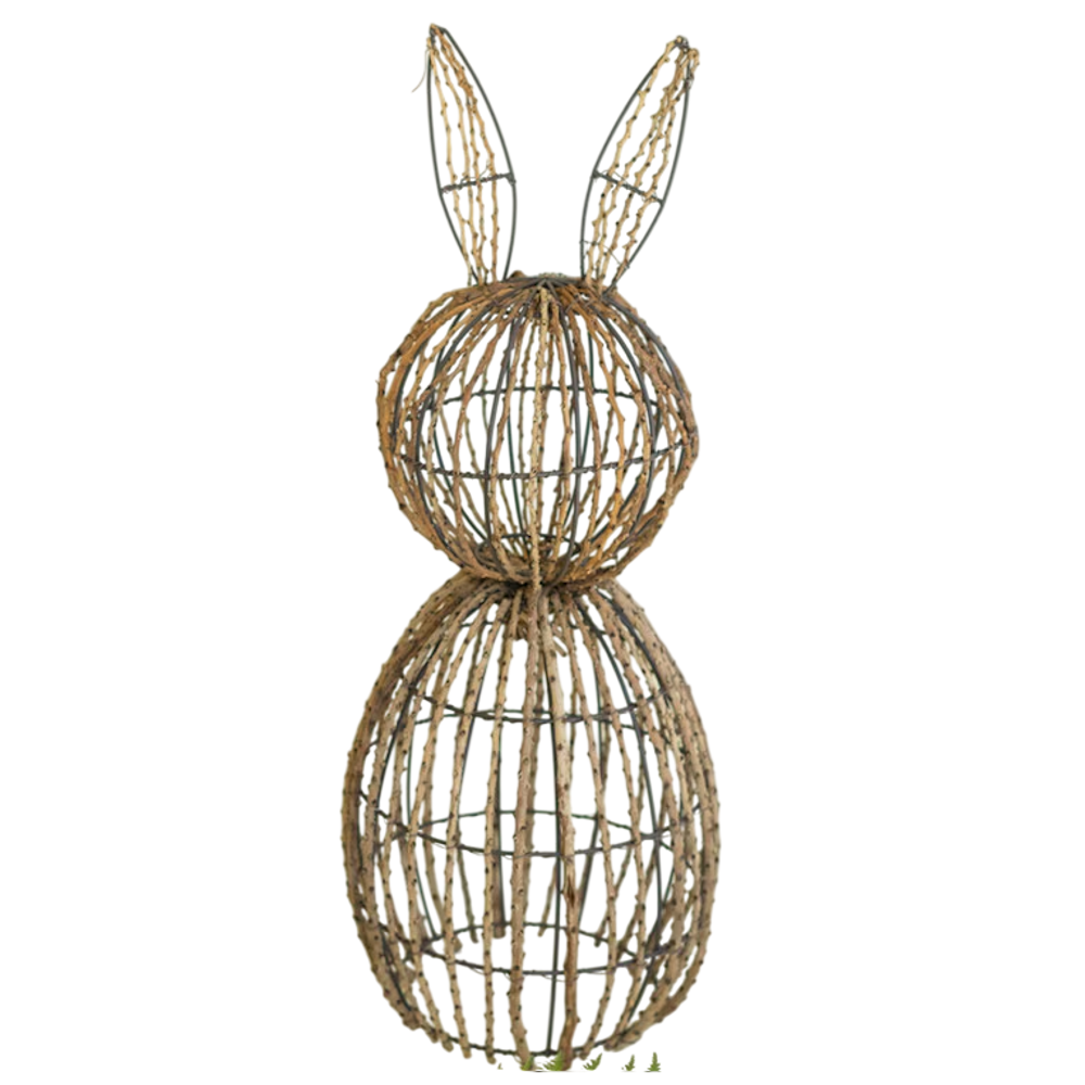 Rustic twig and iron rabbit topiary frame for garden decor, featuring a woven grapevine texture on a white background.