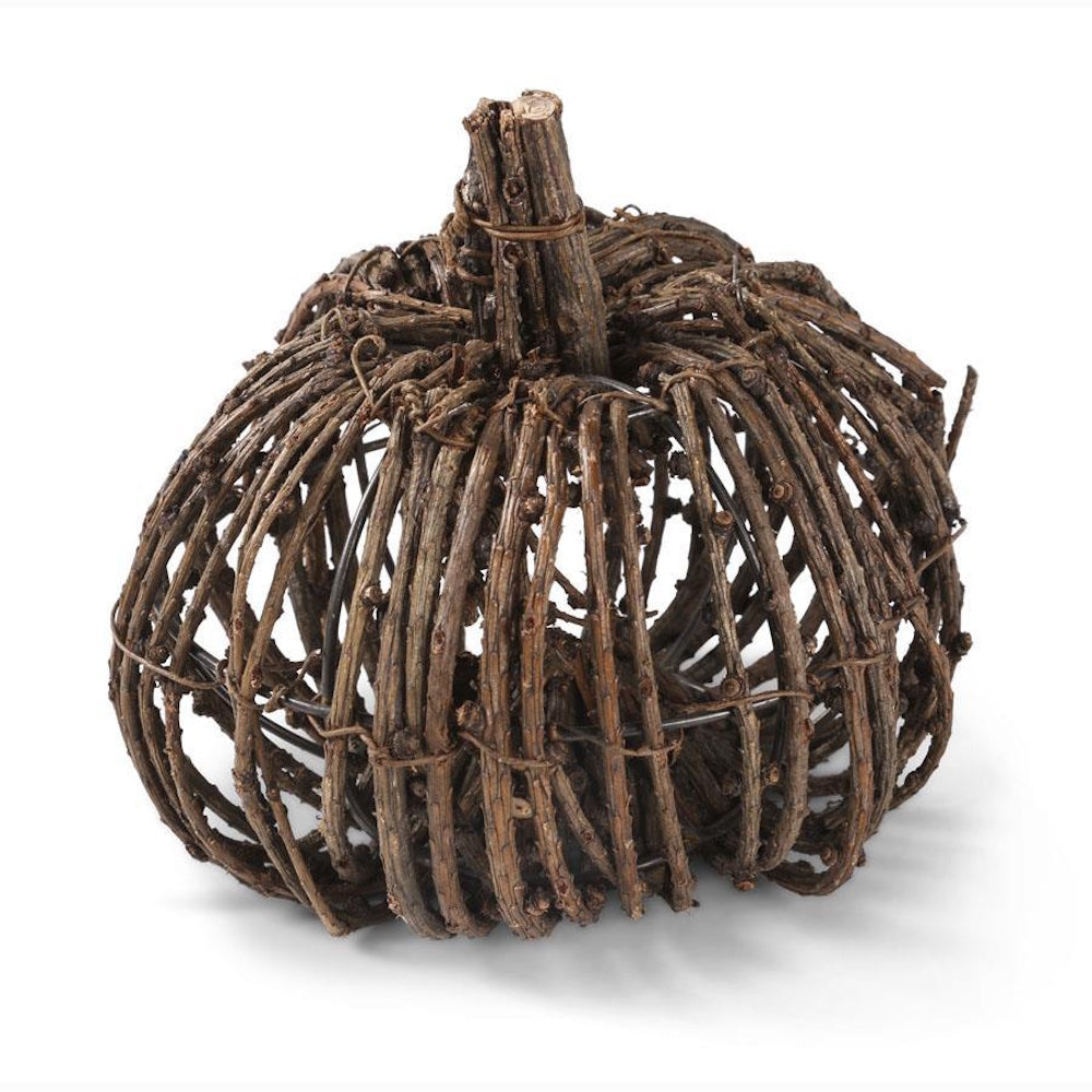 Rustic decorative pumpkin crafted from woven natural brown twigs and vines over a wire frame.
