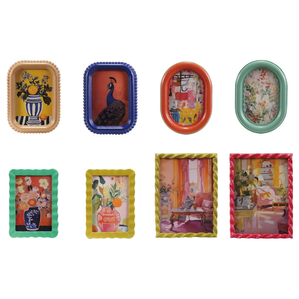 Collection of colorful, eclectic MDF photo frames with beaded, ruffled, and twisted edges featuring various art prints.