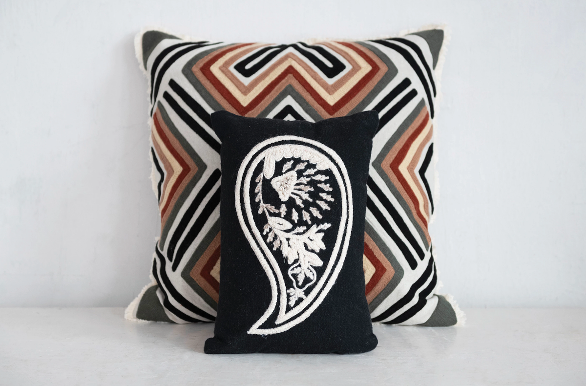 Woven Cotton Slub Lumbar Pillow with Embroidered Paisley — alternate view 2