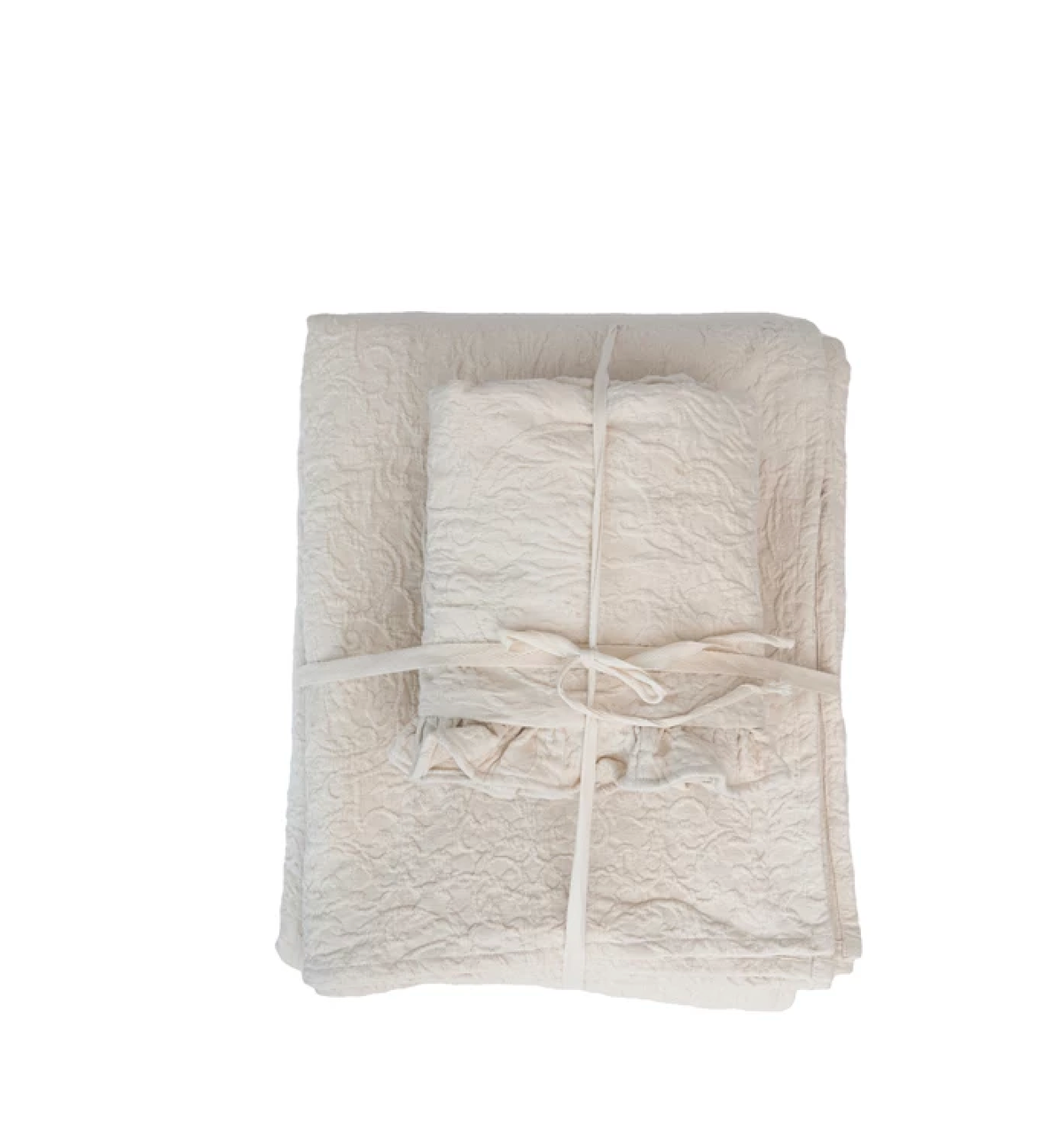Woven Cotton Jacquard Bed Cover with 2 Ruffled Standard Shams, Queen, Set of 3 — alternate view 2
