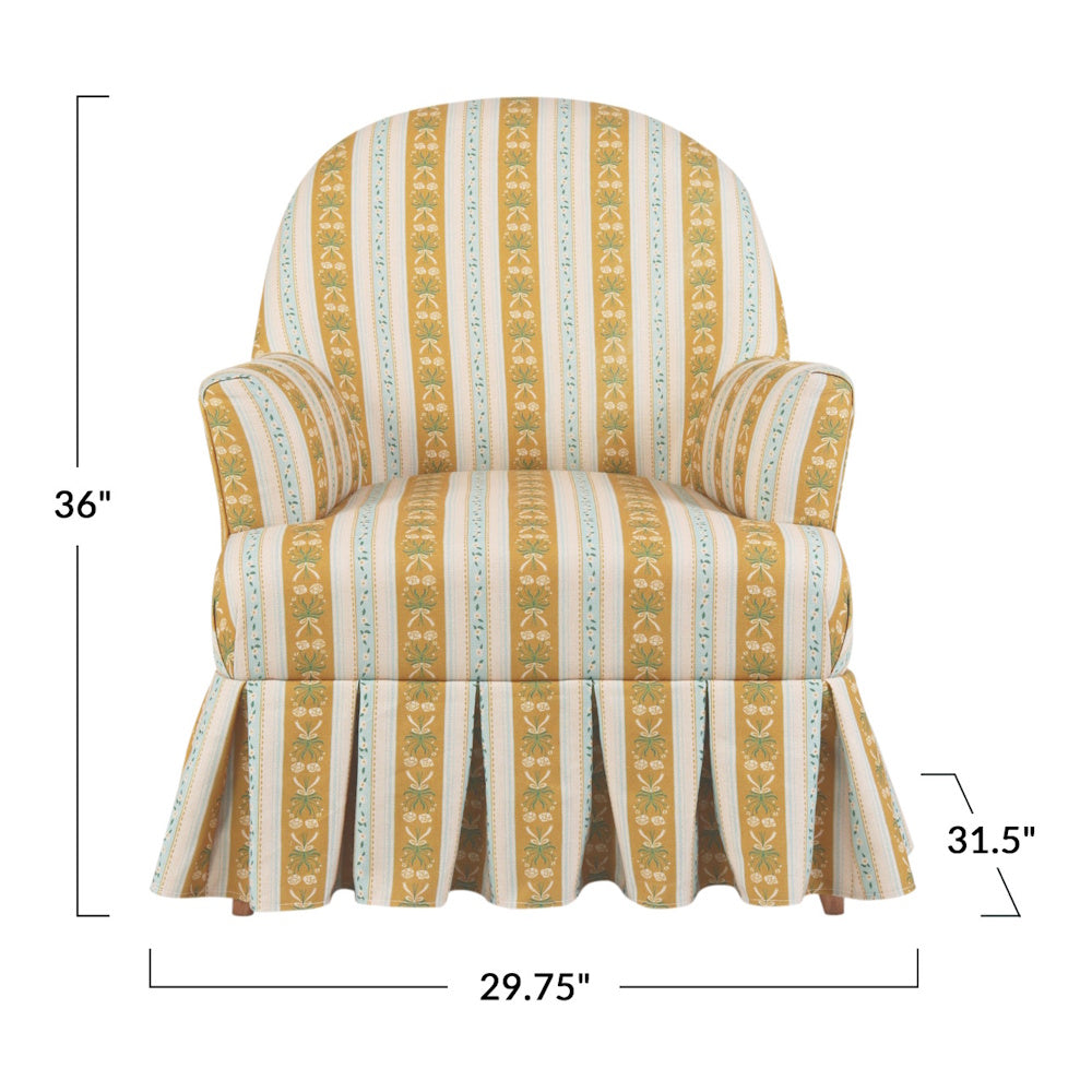 Dimensions for yellow striped upholstered box pleat skirted armchair with piping.