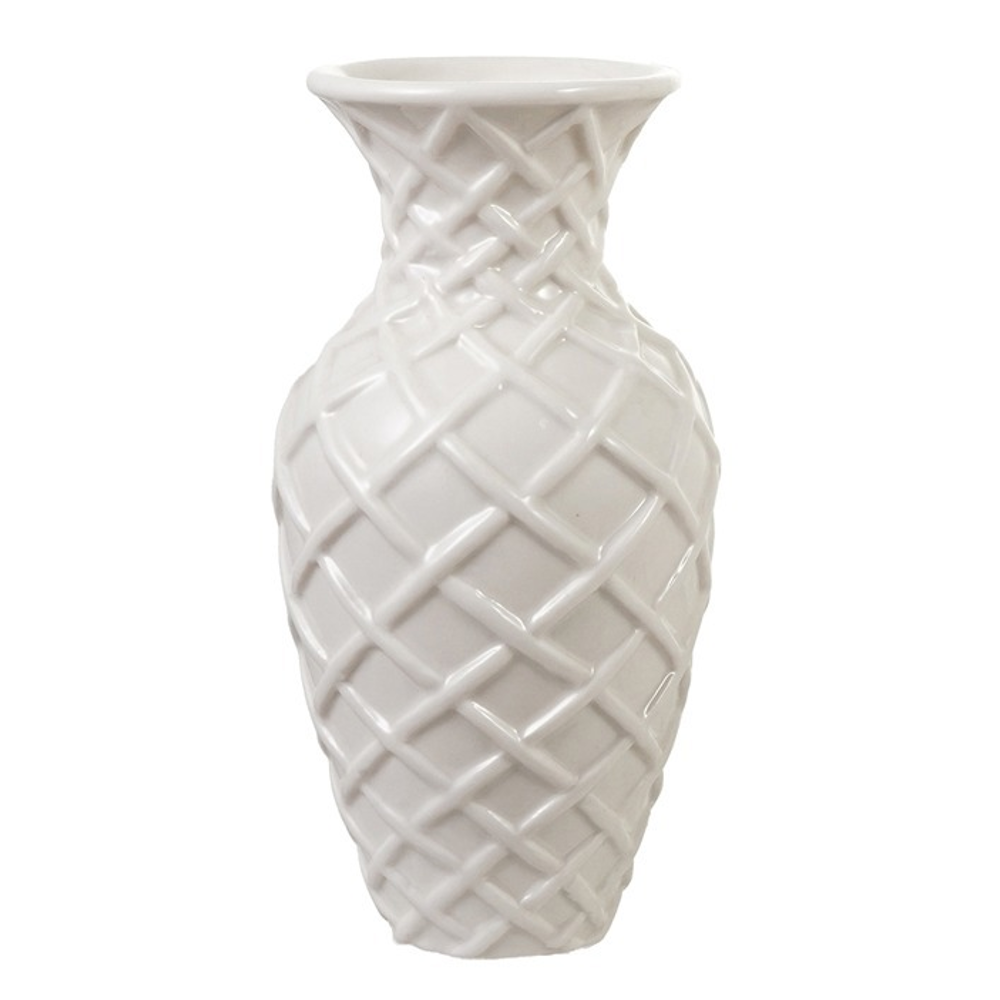 A glossy white ceramic urn vase featuring an embossed crisscross basketweave pattern on a white background.
