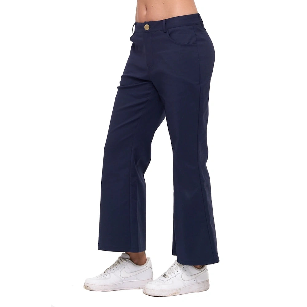 Navy blue wide-leg ankle pants for women featuring a gold button closure and side pockets, paired with white sneakers.
