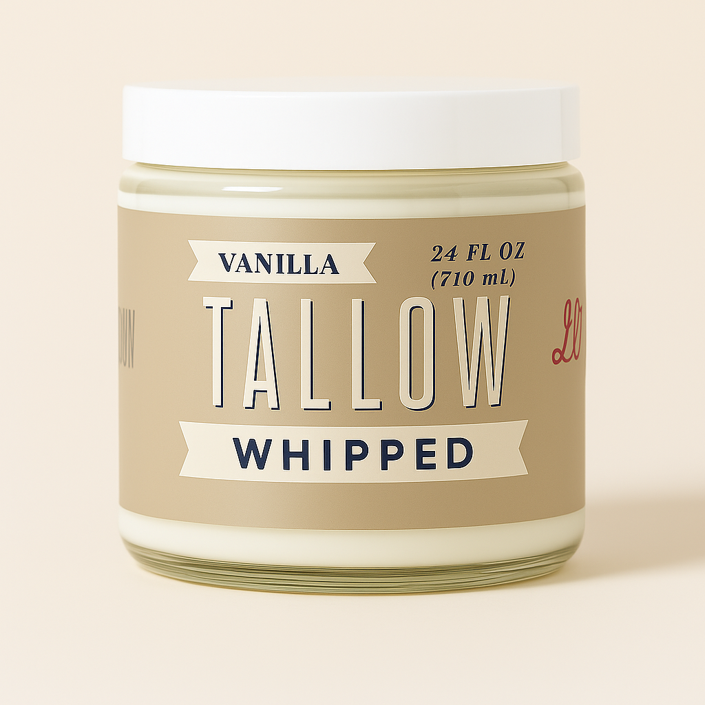A 24 oz jar of vanilla whipped tallow moisturizer with a beige and white label, isolated on a neutral background.