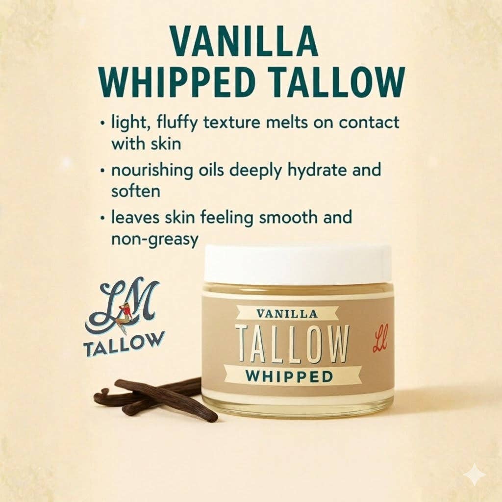 Vanilla Whipped Tallow moisturizer jar by LM Tallow with vanilla beans.