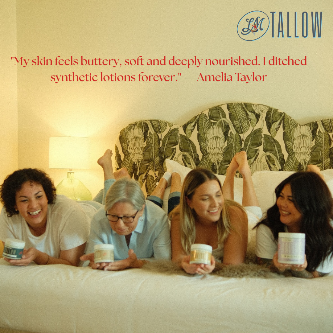Four women on a bed holding LM Tallow moisturizer jars. Features a testimonial quote and a tropical leaf headboard.