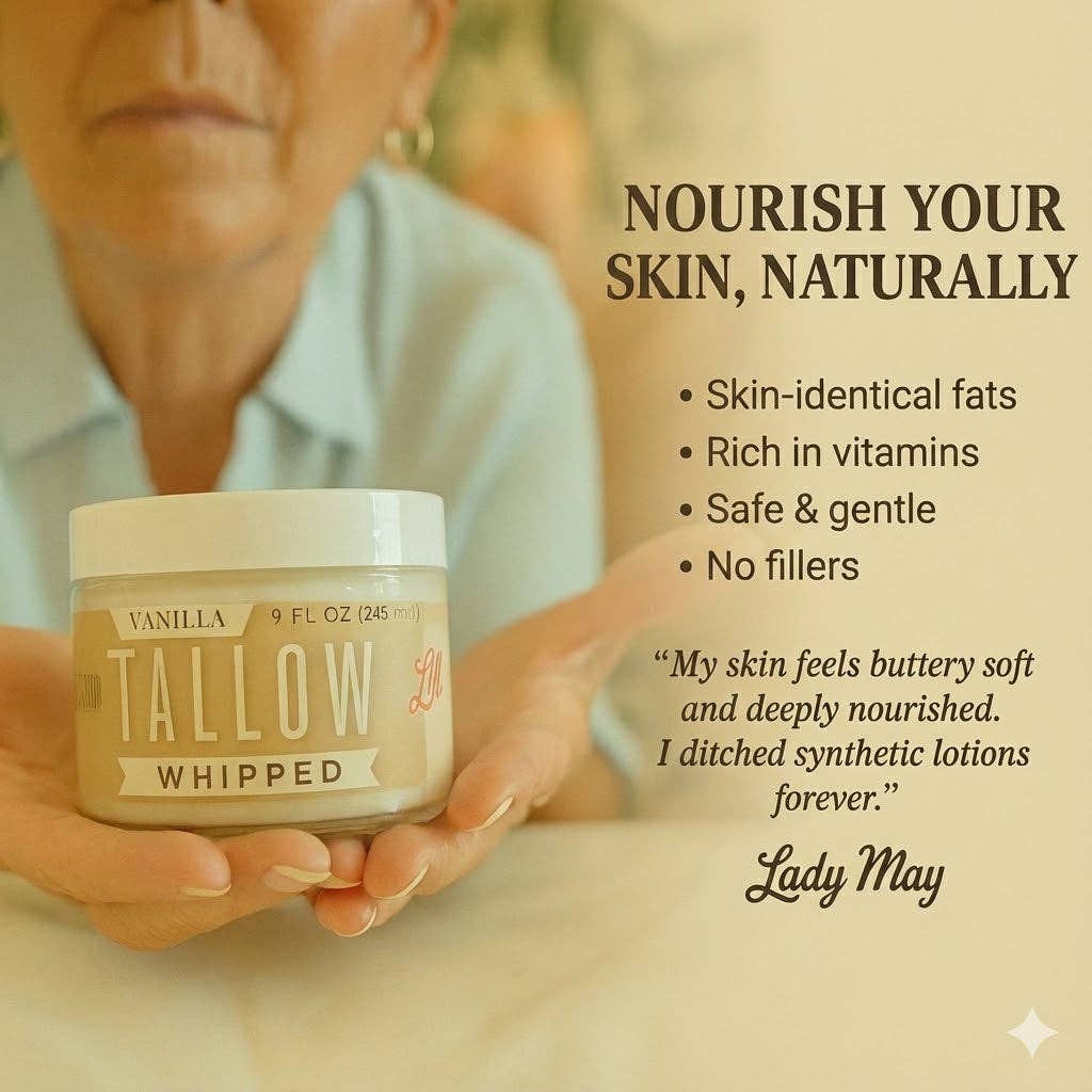 A woman holding a jar of Vanilla Tallow Whipped moisturizer with a product testimonial and natural skincare benefits.
