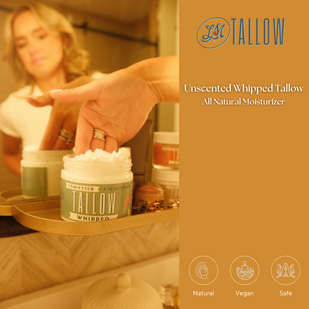 Woman reaching into a jar of unscented whipped tallow moisturizer in a bathroom mirror, labeled natural, vegan, and safe.