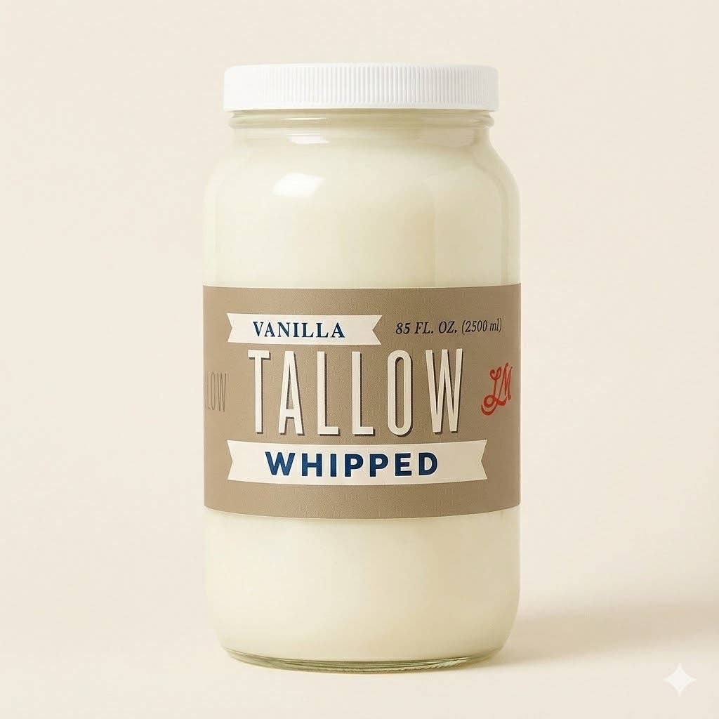 A jar of LM Vanilla Whipped Tallow moisturizer. Natural grass-fed beef tallow skincare.