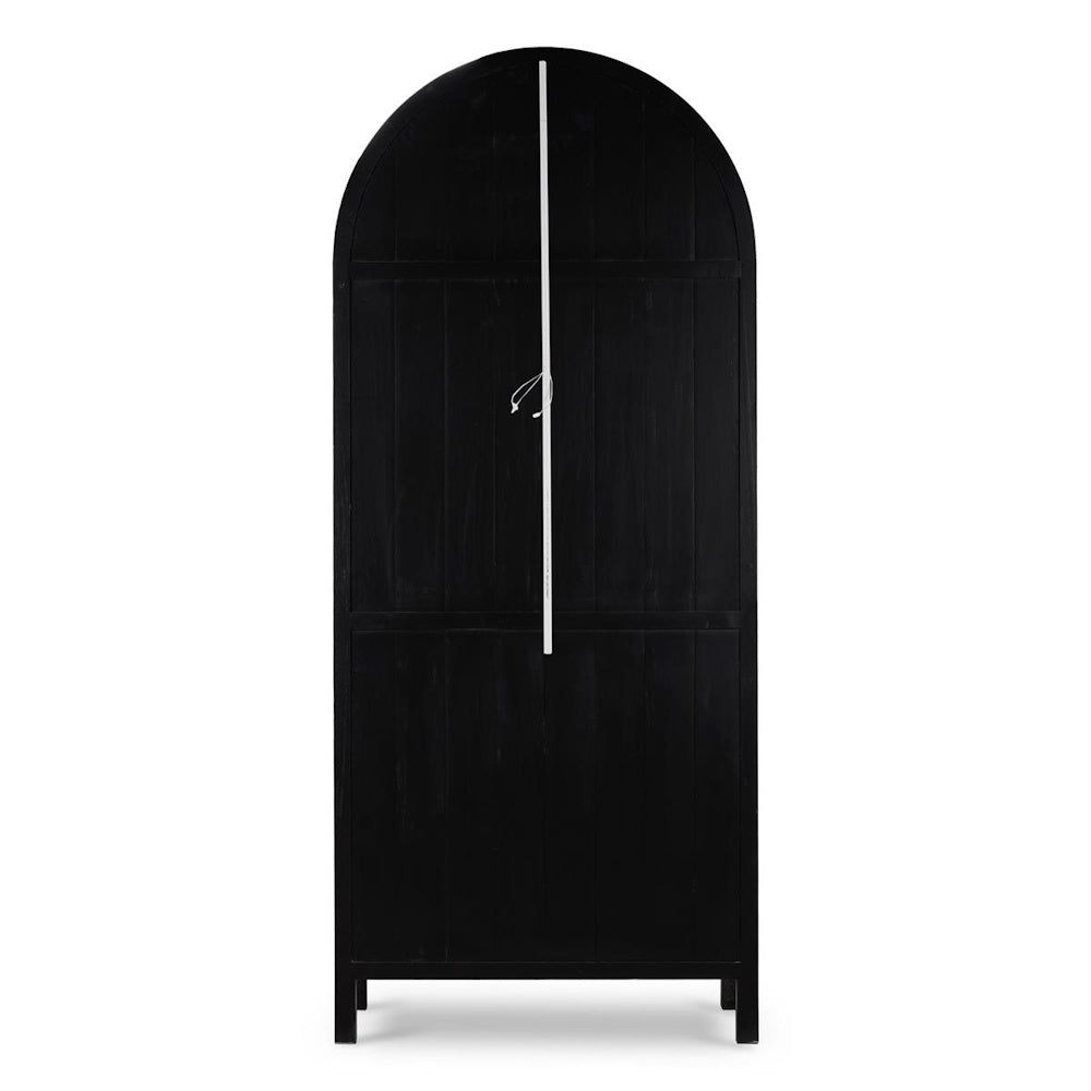 Back view of a Vannes arched black wood display cabinet with glass shelves.