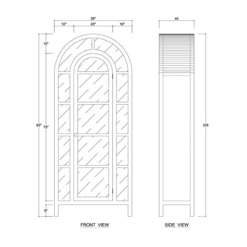 Arched glass cabinet blueprint with front and side views and dimensions.