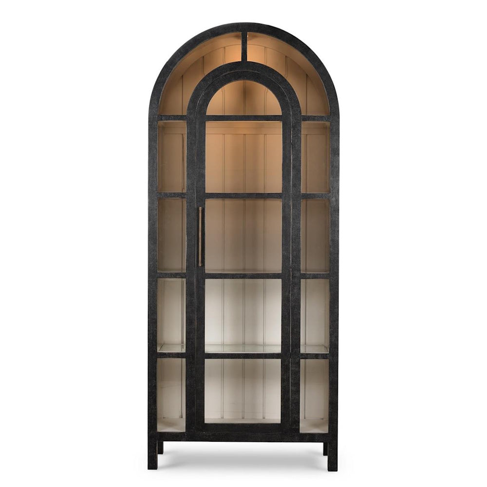 Vannes arched black display cabinet with glass shelves and interior lighting.