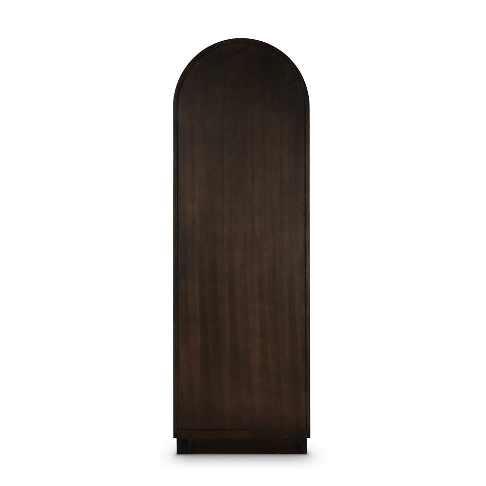 Back view of Vannes single door display cabinet with an arched top in dark brown wood finish.