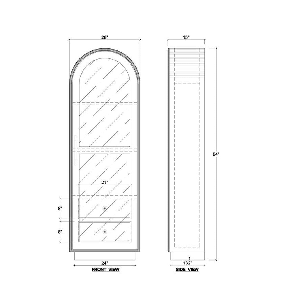 Arched cabinet line drawing showing front and side view dimensions 28x15x84 inches with glass door and drawers.