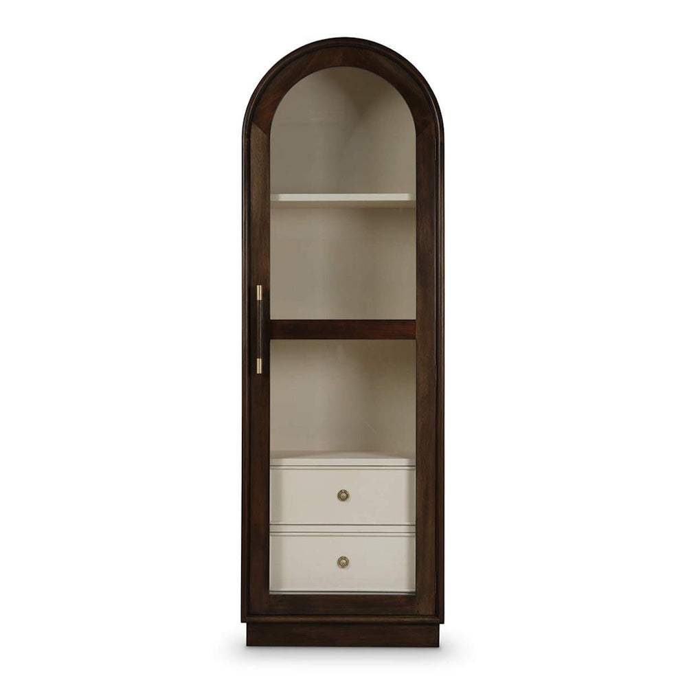 Arched dark wood display cabinet with a glass door, light shelves, and two white drawers.