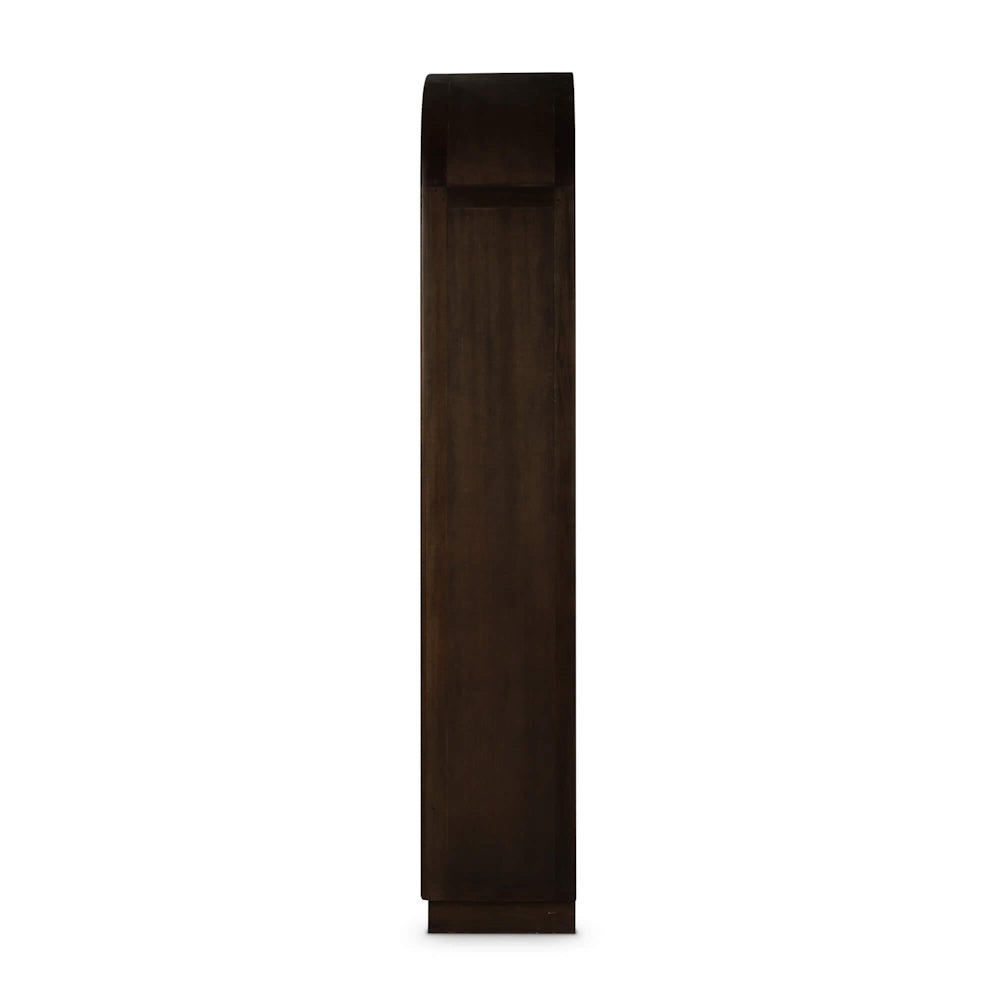 Side profile of a Vannes single door display cabinet in dark brown wood with an arched top.