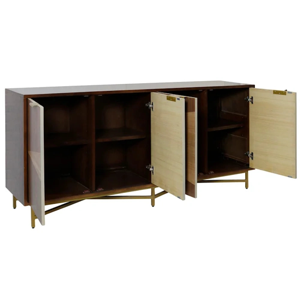 Open modern walnut sideboard showing interior shelving, gold metal legs, and four doors for mid-century dining storage.