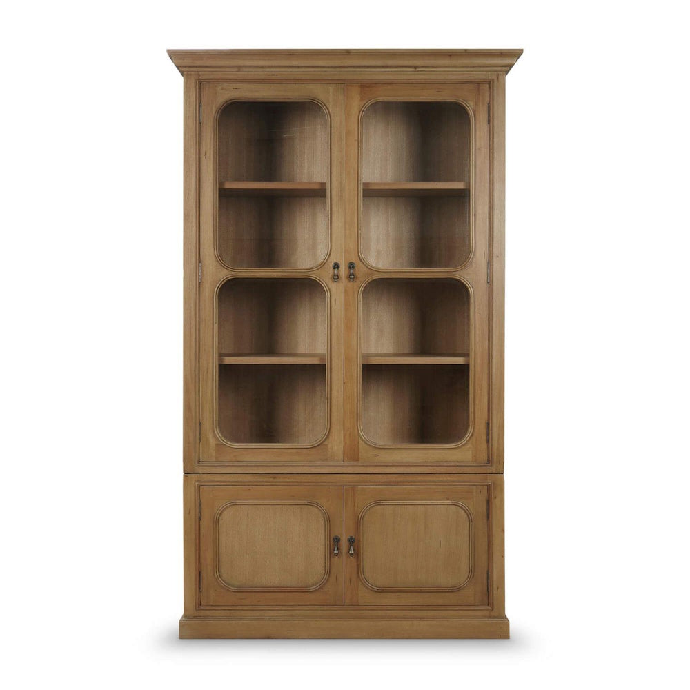 Front view of a Victoria wooden bookcase with glass display doors and storage cabinets.