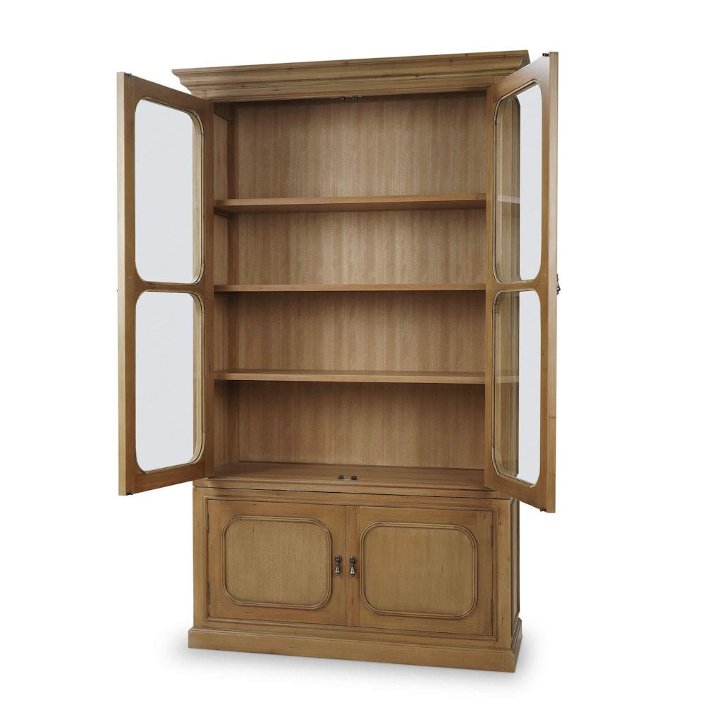 Victoria wooden bookcase with open glass doors and lower storage cabinet.