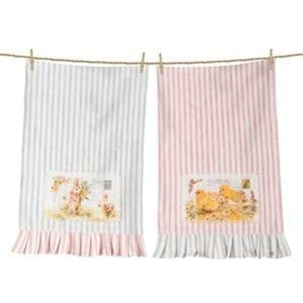 Set of two vintage Easter postcards tea towels with pastel stripes, bunny and chick illustrations.
