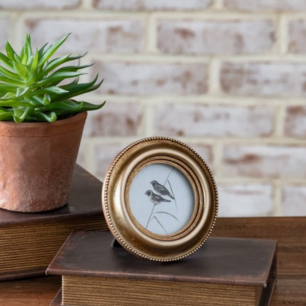 Small round gold photo frame featuring two birds on a branch sitting on a book.