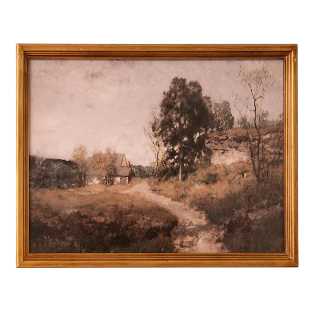 Vintage landscape oil painting of a rustic cottage and winding path in an antique gold frame, muted earth tones.
